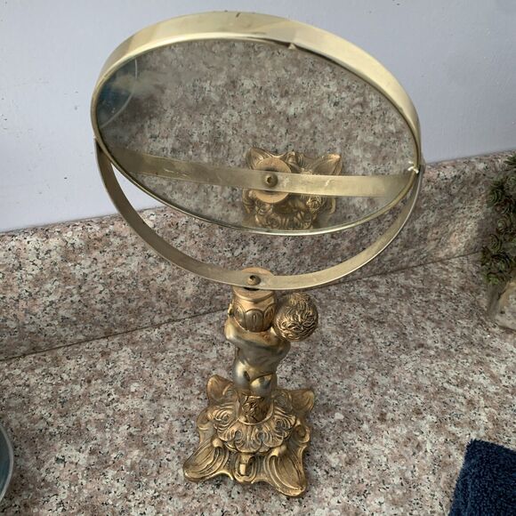HTF VTG Rare French 14”Vanity 7”Mirror Gold Ormolu Cherub Stylebuilt Matson Type - Picture 6 of 14